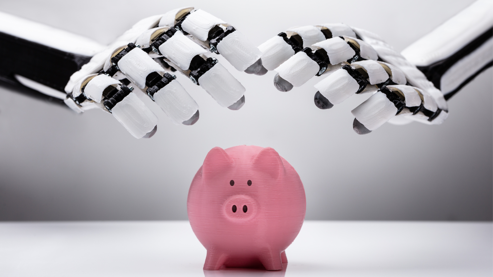 robot hands hovering over a piggy bank